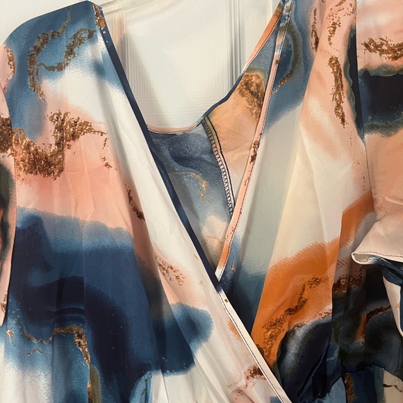 Plus Size Elegant V-Neck Belted Trendy Summer Tie Dye Blouse Tunic Top 12W -20W - Picture 6 of 10